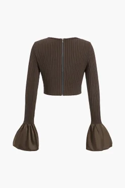 MICAS Long Sleeve Tops|Long Sleeves Tops-Solid Puff Sleeve Zipper Long-Sleeve Top COFFEE