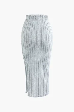 MICAS Knitwear|Knit Sets-Solid Rib Knit Round Neck Long Sleeve Top And Slit Skirt Set PEARL RIVER