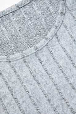 MICAS Knitwear|Knit Sets-Solid Rib Knit Round Neck Long Sleeve Top And Slit Skirt Set PEARL RIVER