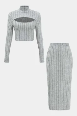 MICAS Skirt Sets-Solid Ribbed Long Sleeve Cut Out Top And Skirt Set LIGHT GRAY