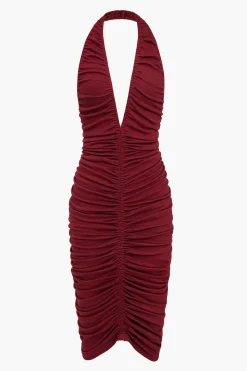 MICAS Midi Dresses-Solid Ruched Backless V-neck Midi Dress BURGUNDY