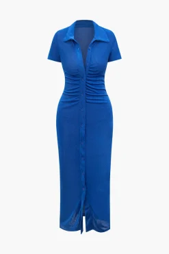 MICAS Long Sleeve Dresses|Midi Dresses-Solid Ruched Button Up Collar Midi Dress BLUE