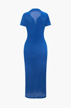 MICAS Long Sleeve Dresses|Midi Dresses-Solid Ruched Button Up Collar Midi Dress BLUE