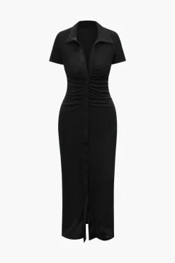 MICAS Long Sleeve Dresses|Midi Dresses-Solid Ruched Button Up Collar Midi Dress BLUE