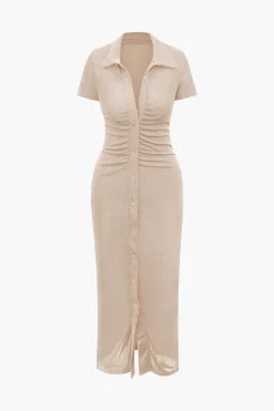 MICAS Long Sleeve Dresses|Midi Dresses-Solid Ruched Button Up Collar Midi Dress BLUE