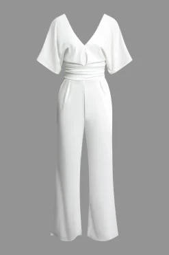 MICAS Jumpsuits & Rompers-Solid Ruched Deep V Jumpsuit WHITE