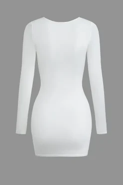 MICAS Long Sleeve Dresses|Mini Dresses-Solid Ruched Drawstring Mini Dress WHITE