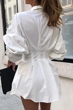 MICAS Long Sleeve Dresses|Mini Dresses-Solid Ruched Long Sleeve Mini Dress WHITE