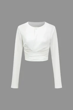 MICAS Long Sleeve Tops|Long Sleeves Tops-Solid Ruched Long Sleeve Top WHITE