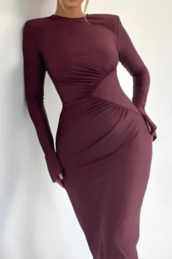 MICAS Long Sleeve Dresses|Maxi Dresses-Solid Ruched Long-Sleeve Maxi Dress BURGUNDY