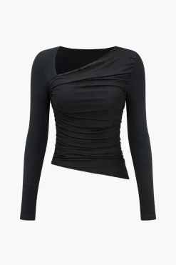 MICAS Long Sleeve Tops|Long Sleeves Tops-Solid Ruched Mesh Long-Sleeve Top BLACK