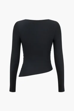 MICAS Long Sleeve Tops|Long Sleeves Tops-Solid Ruched Mesh Long-Sleeve Top BLACK