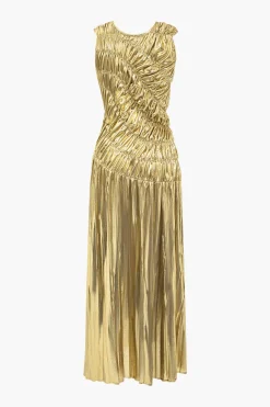 MICAS Maxi Dresses-Solid Ruched Shiny Maxi Dress GOLD