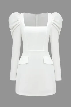 MICAS Long Sleeve Dresses|Mini Dresses-Solid Ruched Square Neck Mini Dress WHITE