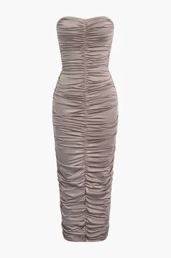 MICAS Midi Dresses-Solid Ruched Strapless Midi Dress PALE MAUVE