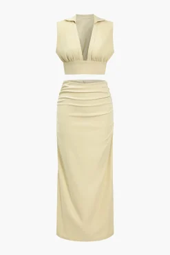 MICAS Skirt Sets-Solid Ruched V-neck Top And Skirt Set WHEAT