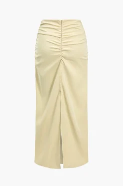 MICAS Skirt Sets-Solid Ruched V-neck Top And Skirt Set WHEAT
