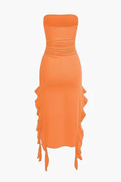 MICAS Midi Dresses-Solid Ruffle Hem Ruched Tube Maxi Dress