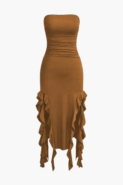MICAS Midi Dresses-Solid Ruffle Hem Ruched Tube Maxi Dress