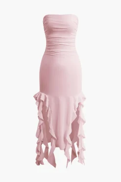 MICAS Midi Dresses-Solid Ruffle Hem Ruched Tube Maxi Dress