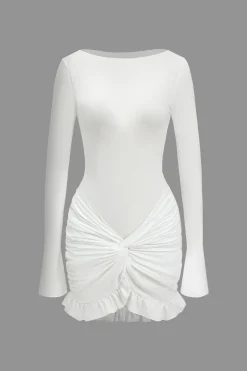 MICAS Long Sleeve Dresses|Mini Dresses-Solid Ruffle Ruched Twist Long Sleeve Mini Dress
