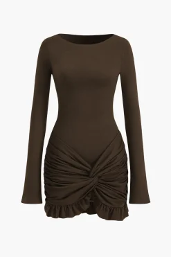 MICAS Long Sleeve Dresses|Mini Dresses-Solid Ruffle Ruched Twist Long Sleeve Mini Dress