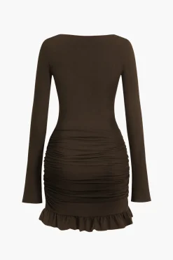 MICAS Long Sleeve Dresses|Mini Dresses-Solid Ruffle Ruched Twist Long Sleeve Mini Dress