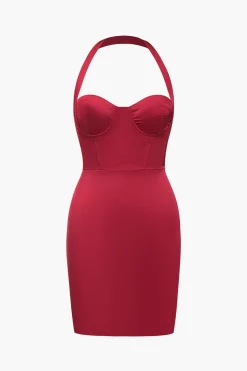 MICAS Mini Dresses-Solid Satin Halter Neck Bustier Mini Dress CRIMSON