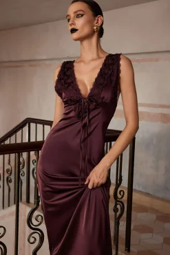 MICAS Maxi Dresses-Solid Satin Lace Trim Tie-Up Maxi Dress COFFEE