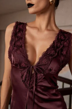 MICAS Maxi Dresses-Solid Satin Lace Trim Tie-Up Maxi Dress COFFEE