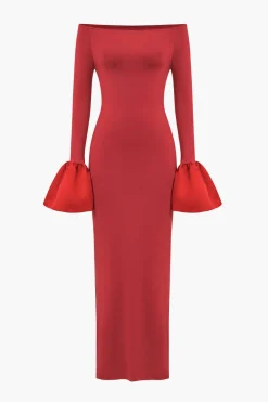 MICAS Long Sleeve Dresses|Maxi Dresses-Solid Satin Off Shoulder Slit Maxi Dress