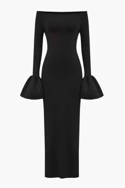 MICAS Long Sleeve Dresses|Maxi Dresses-Solid Satin Off Shoulder Slit Maxi Dress