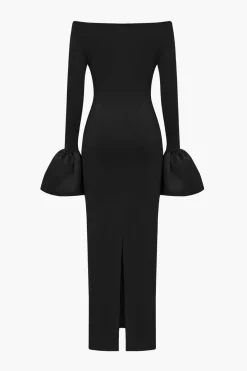 MICAS Long Sleeve Dresses|Maxi Dresses-Solid Satin Off Shoulder Slit Maxi Dress