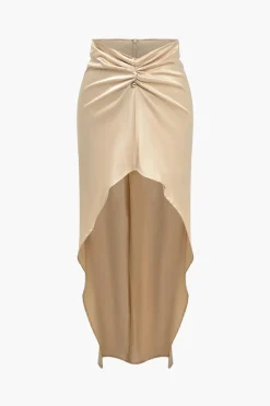 MICAS Skirt Sets-Solid Satin V-neck Cropped Shirt And Asymmetrical Skirt Set DUSTY ROSE