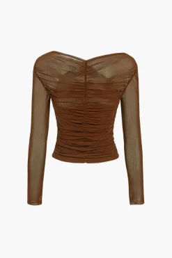 MICAS Long Sleeve Tops|Long Sleeves Tops-Solid Sheer Mesh Ruched Long-Sleeve Top
