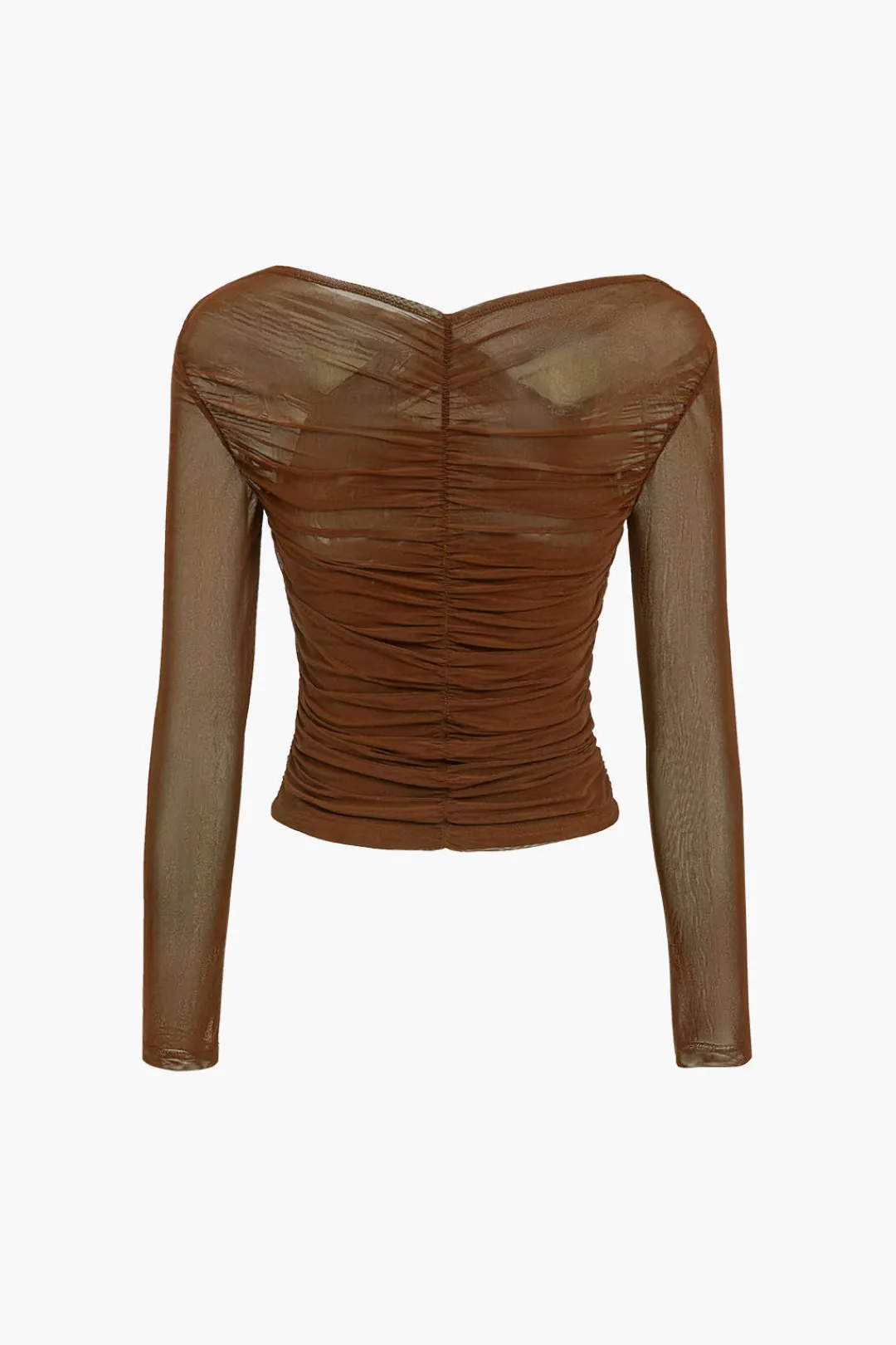 MICAS Long Sleeve Tops|Long Sleeves Tops-Solid Sheer Mesh Ruched Long-Sleeve Top