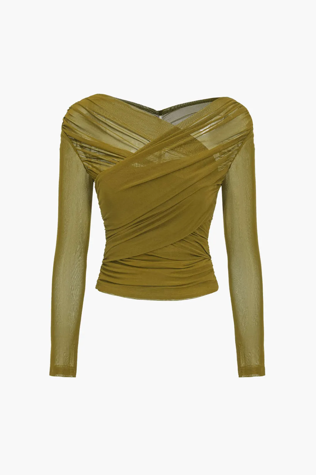 MICAS Long Sleeve Tops|Long Sleeves Tops-Solid Sheer Mesh Ruched Long-Sleeve Top