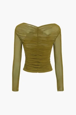 MICAS Long Sleeve Tops|Long Sleeves Tops-Solid Sheer Mesh Ruched Long-Sleeve Top