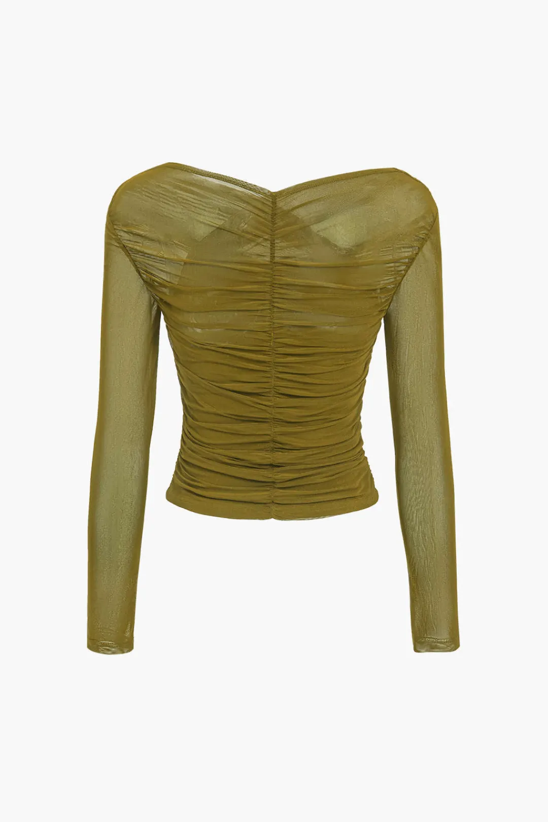 MICAS Long Sleeve Tops|Long Sleeves Tops-Solid Sheer Mesh Ruched Long-Sleeve Top