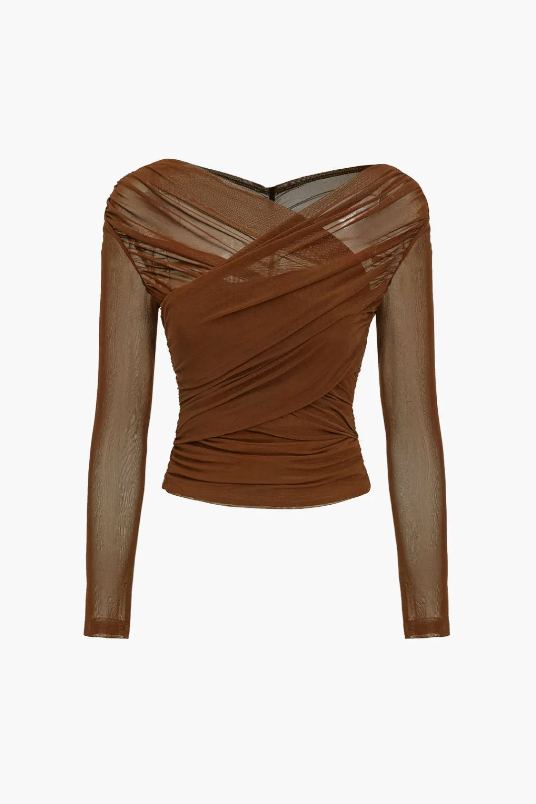MICAS Long Sleeve Tops|Long Sleeves Tops-Solid Sheer Mesh Ruched Long-Sleeve Top