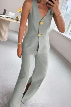 MICAS Vacation Sets|Pant Sets-Solid Sleeveless Suit Vest And Pants Set PEARL RIVER