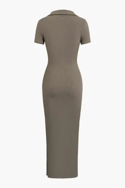 MICAS Midi Dresses-Solid Slit Collar Midi Dress
