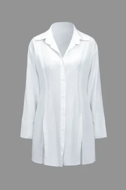 MICAS Long Sleeve Tops|Long Sleeves Tops-Solid Slit Long-Sleeve Shirt WHITE