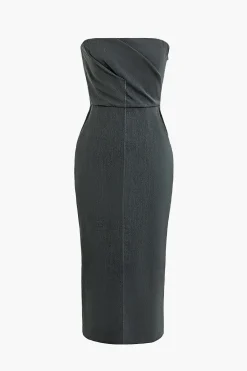 MICAS Midi Dresses-Solid Slit Ruched Strapless Midi Dress GRAY