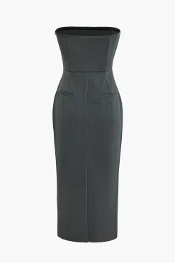 MICAS Midi Dresses-Solid Slit Ruched Strapless Midi Dress GRAY