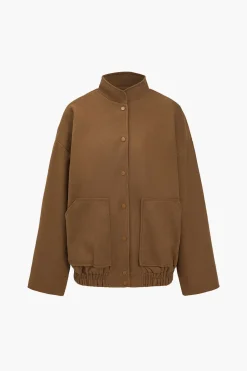 MICAS Outerwear|Outerwear-Solid Stand Collar Button Coat BROWN