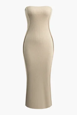 MICAS Midi Dresses-Solid Strapless Midi Dress WHEAT