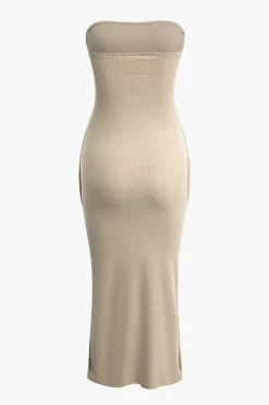 MICAS Midi Dresses-Solid Strapless Midi Dress WHEAT