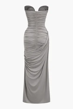 MICAS Maxi Dresses-Solid Strapless Ruched Maxi Dress SMOKE