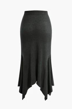 MICAS Knitwear|Knit Bottoms-Solid Sweater Asymmetrical Skirt